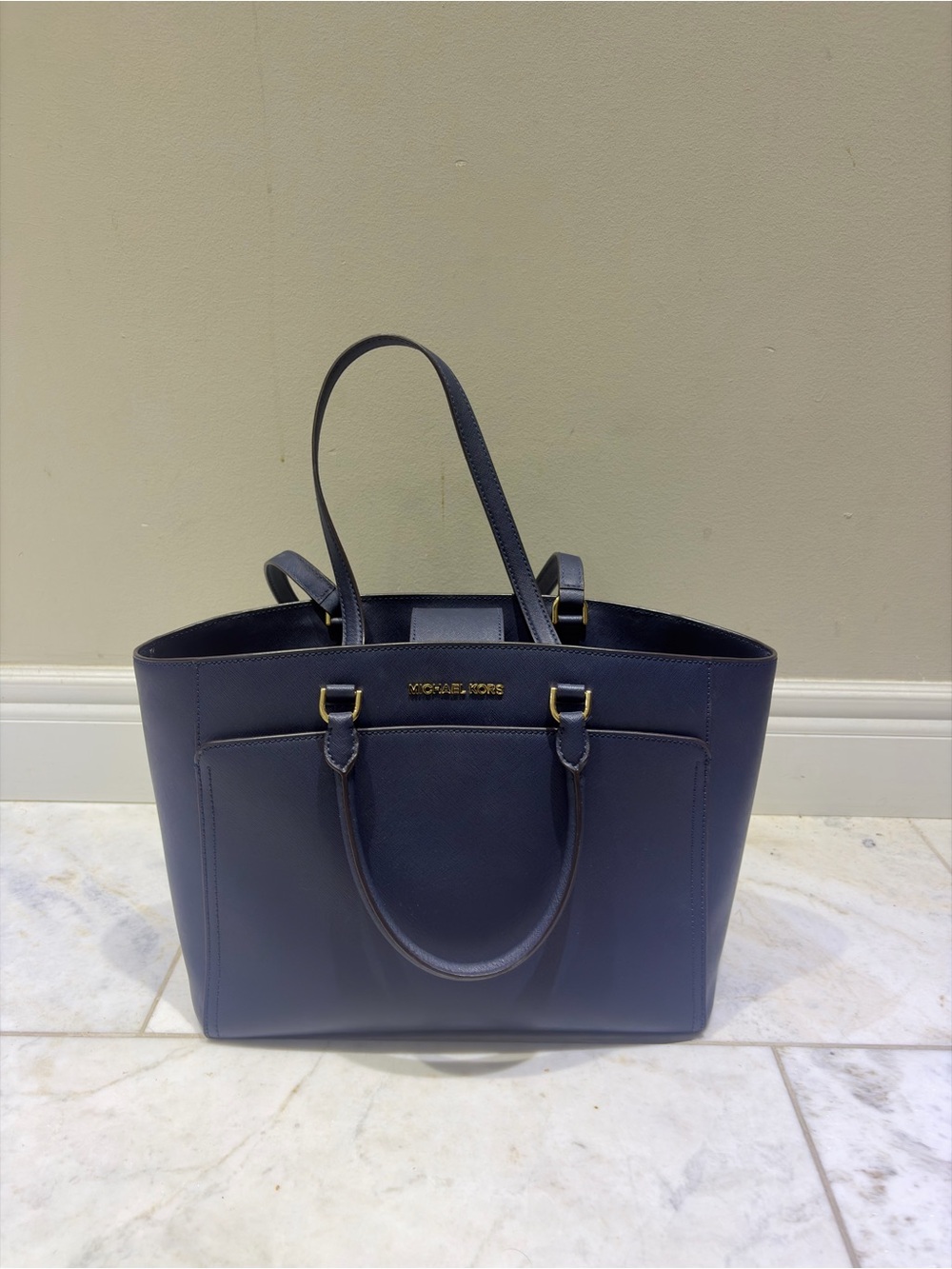 Michael Kors Navy Leather Tote with Gold Hardware